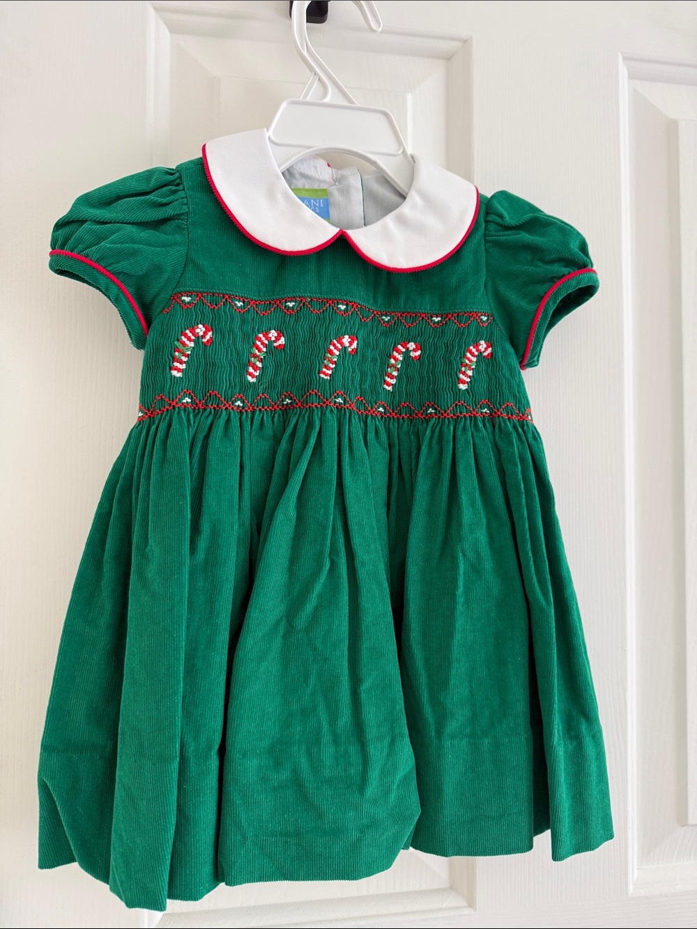 Velani Green Velvet Candy Cane Smocked Toddler Girl Christmas Dress - 12mo